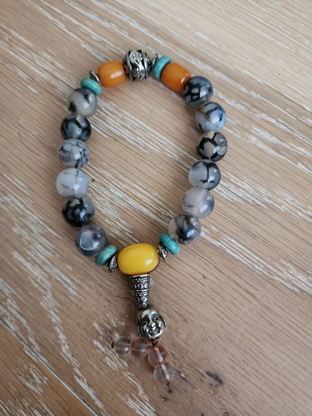 Beaded 6" Stretch Bracelet w/ Neutral Stones And Buddha Charm